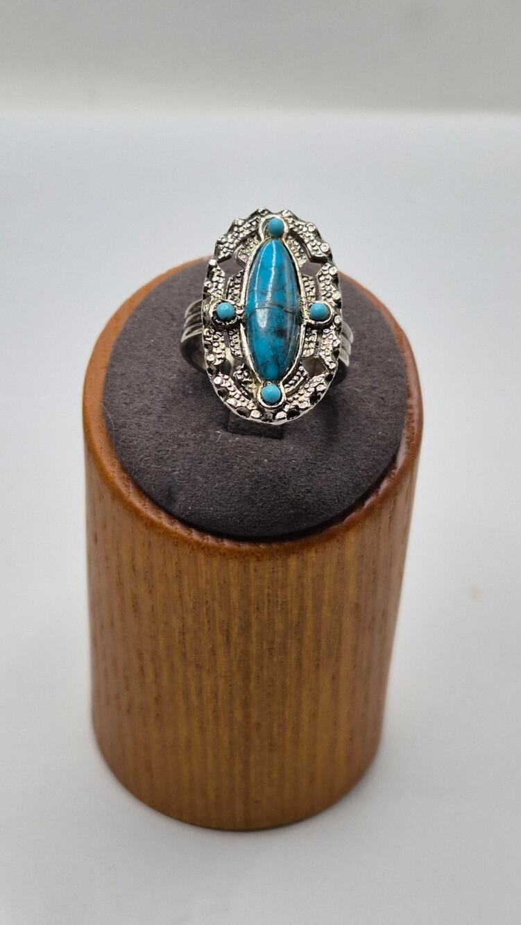 Vintage Turquoise Style Ring Adjustable Silver Tone Filigree Navette